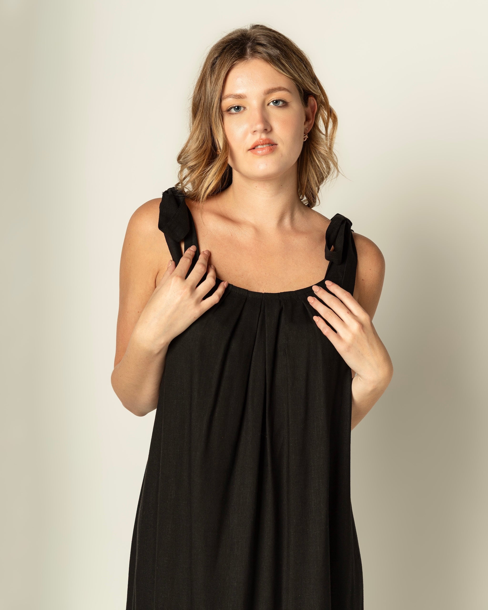 Lucy Tie-up Black Linen Dress