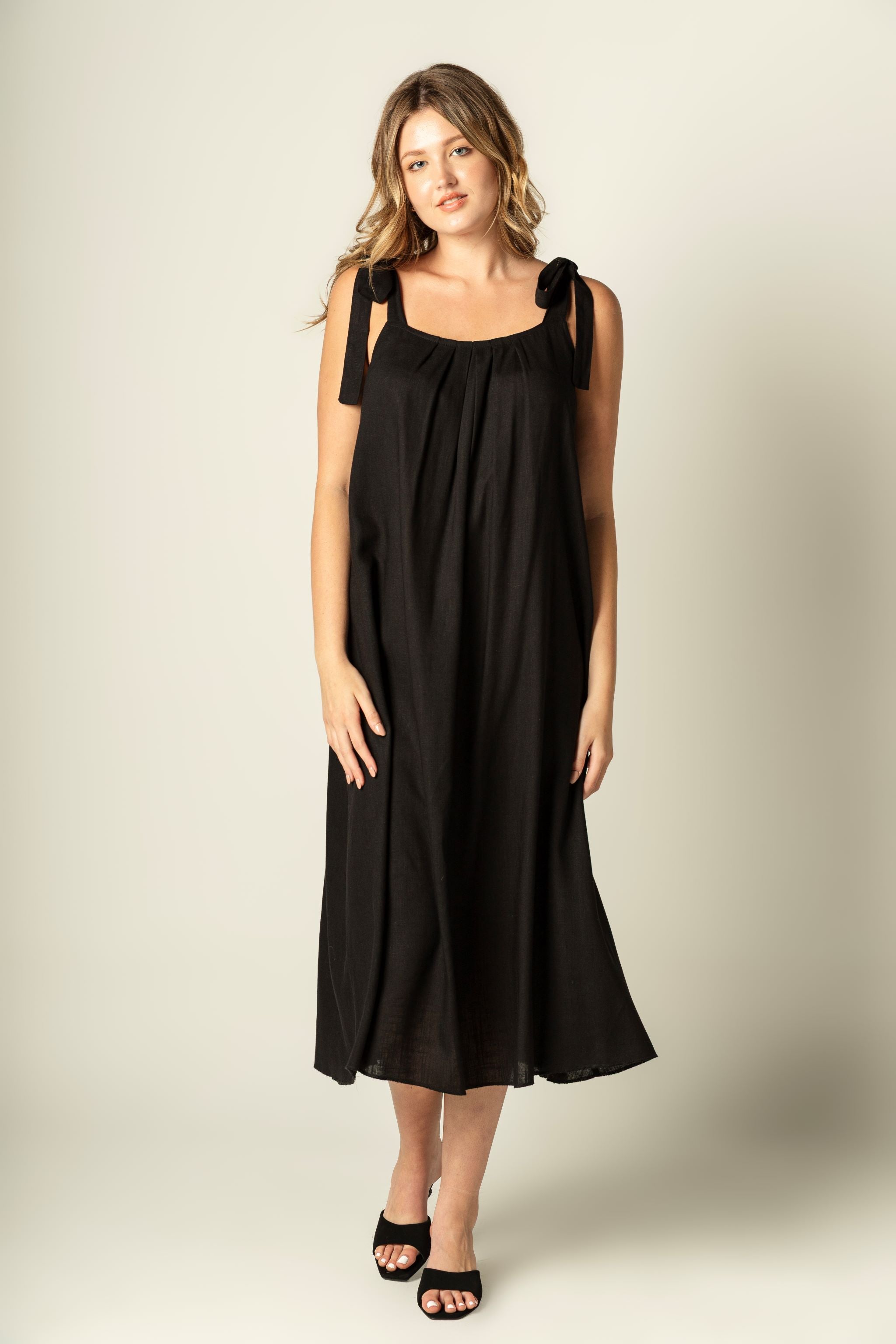 Lucy Tie-up Black Linen Dress